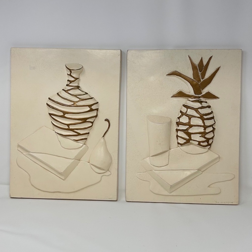 Vintage Florentine Art Studio MCM 3D Relief Wall Plaques Pineapple‎ Vase Pair